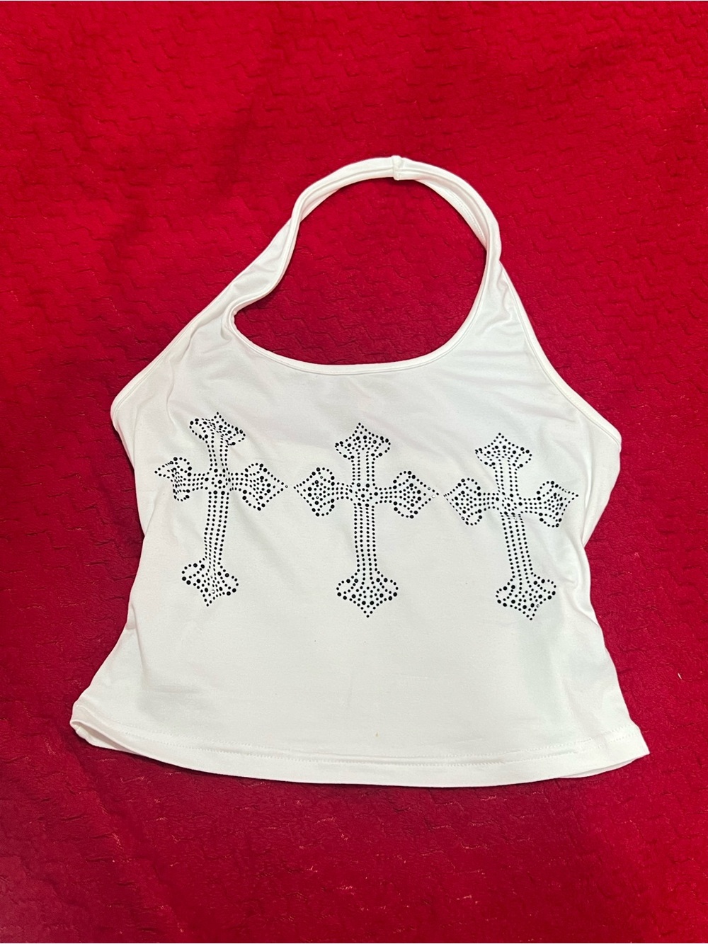 SHEIN White Halter Tank with Black Rhinestone Crosses